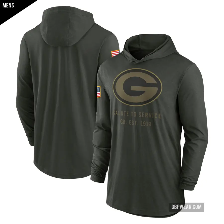 Men's Green Bay Packers Green Forest 2025 Salute to Service Sideline Lightweight Long Sleeve Hooded Pullover T-Shirt