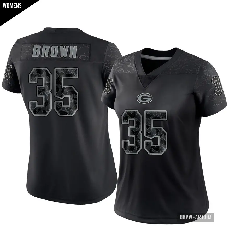 Women's Green Bay Packers ＃35 Kahzir Brown Black Limited Reflective Jersey