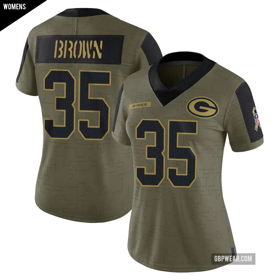 Women's Green Bay Packers ＃35 Kahzir Brown Olive Limited 2021 Salute To Service Jersey