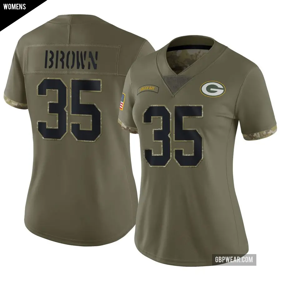 Women's Green Bay Packers ＃35 Kahzir Brown Olive Limited 2022 Salute To Service Jersey