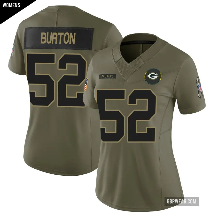 Women's Green Bay Packers ＃52 Jager Burton Olive Limited 2025 Salute to Service Jersey