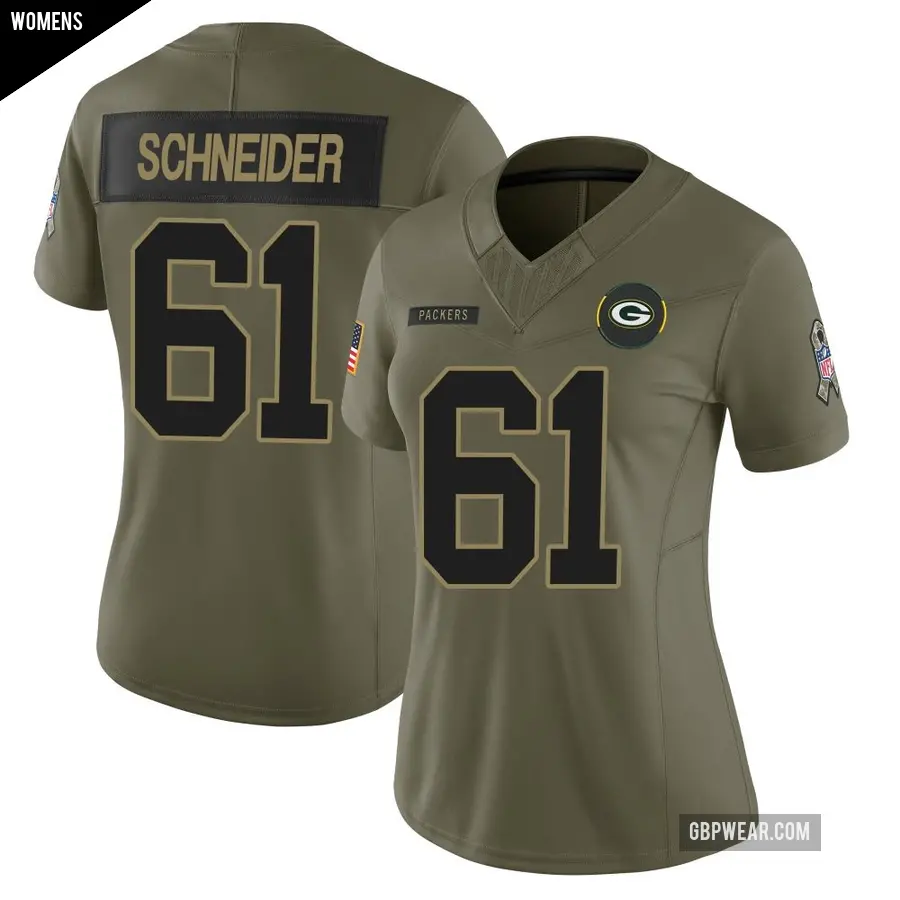 Women's Green Bay Packers ＃61 Cole Schneider Olive Limited 2025 Salute to Service Jersey