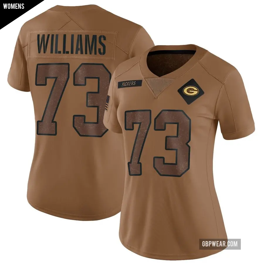Women's Green Bay Packers ＃73 John Williams Brown Limited 2023 Salute To Service Jersey