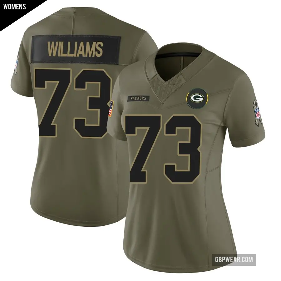 Women's Green Bay Packers ＃73 John Williams Olive Limited 2025 Salute to Service Jersey