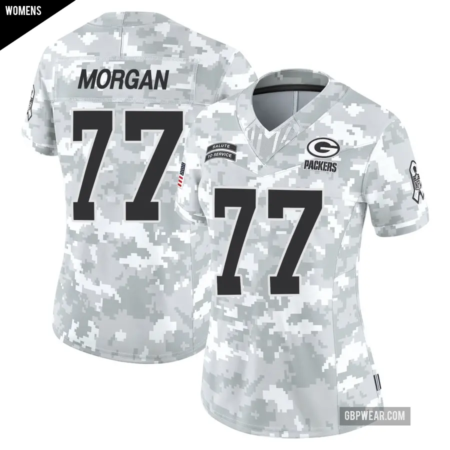 Women's Green Bay Packers ＃77 Jordan Morgan Arctic Camo Limited 2024 Salute to Service Jersey