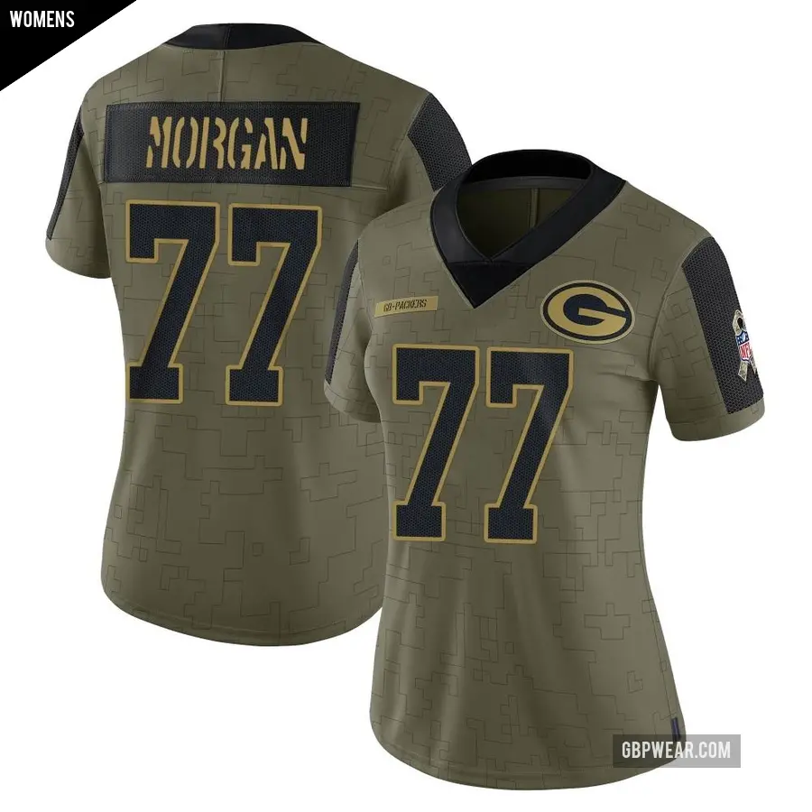 Women's Green Bay Packers ＃77 Jordan Morgan Olive Limited 2021 Salute To Service Jersey