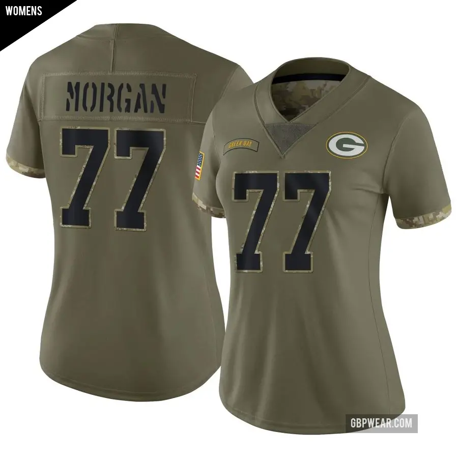 Women's Green Bay Packers ＃77 Jordan Morgan Olive Limited 2022 Salute To Service Jersey