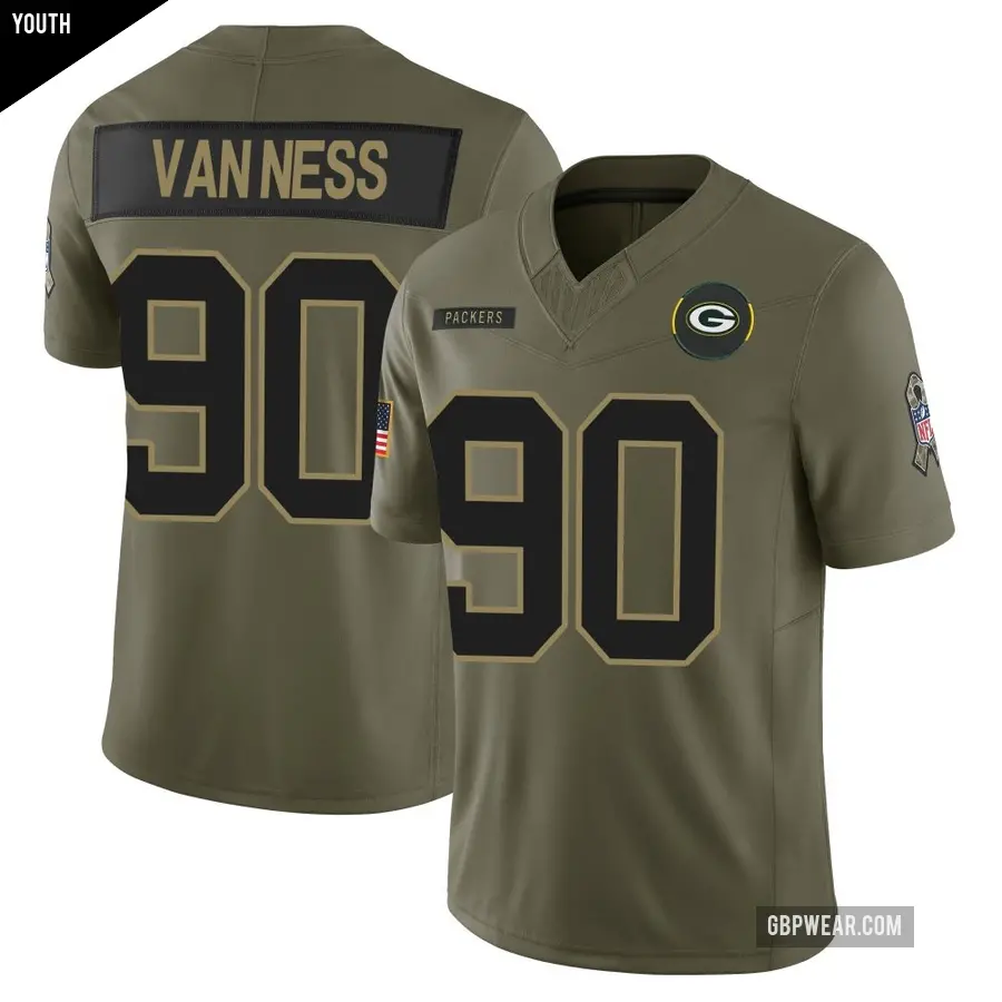 Youth Green Bay Packers ＃90 Lukas Van Ness Olive Limited 2025 Salute to Service Jersey