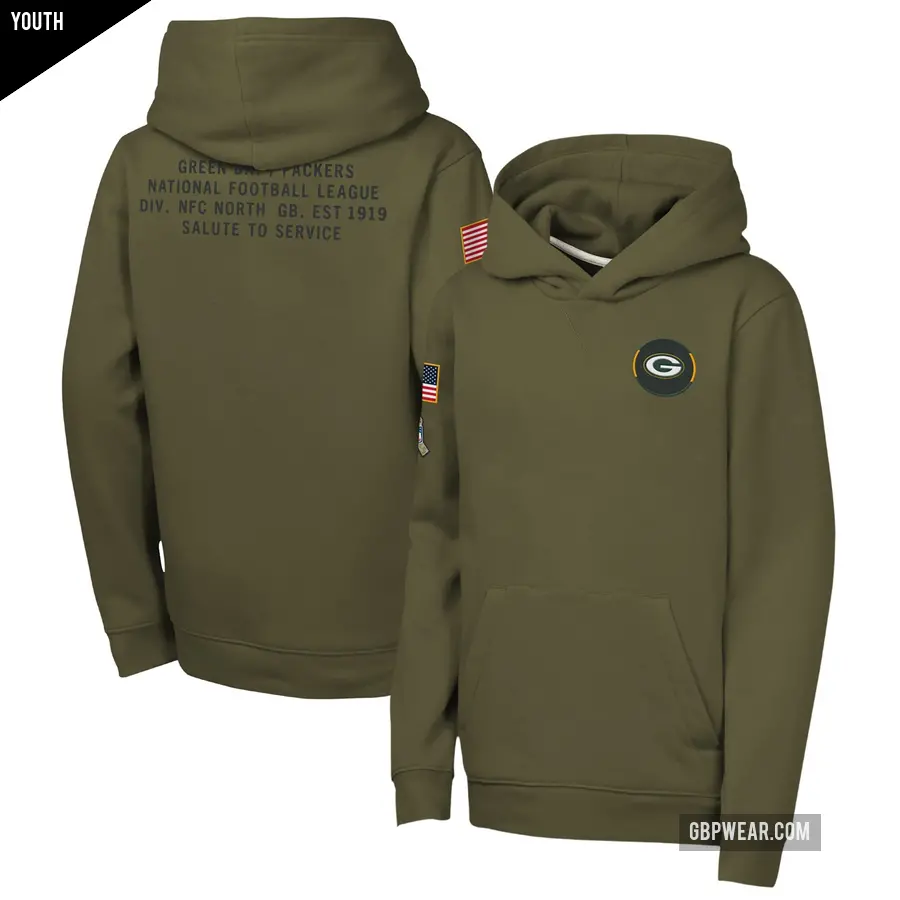 Youth Green Bay Packers Olive 2025 Salute to Service Club Fleece Hoodie