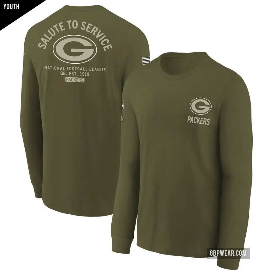 Youth Green Bay Packers Olive 2025 Salute to Service Sideline Long Sleeve T-Shirt