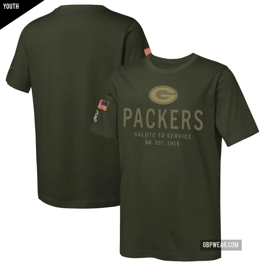 Youth Green Bay Packers Olive 2025 Salute to Service Sideline T-Shirt