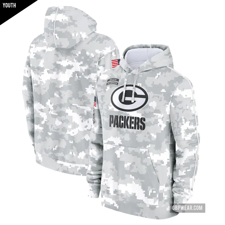 Youth Green Bay Packers White/Gray 2024 Salute To Service Pullover Hoodie